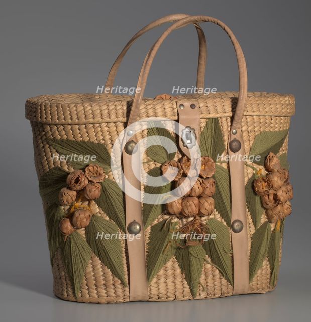 Woven basket purse with floral design from Mae's Millinery Shop, 1941-1994. Creator: Unknown.