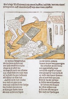 Wolf Dietrich Buries a Knight and His Family, Printed 1483. Creator: Unknown