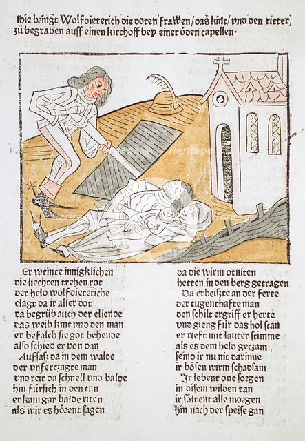 Wolf Dietrich Buries a Knight and His Family, Printed 1483. Creator: Unknown.