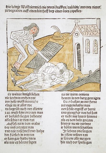 Wolf Dietrich Buries a Knight and His Family, Printed 1483. Creator: Unknown.