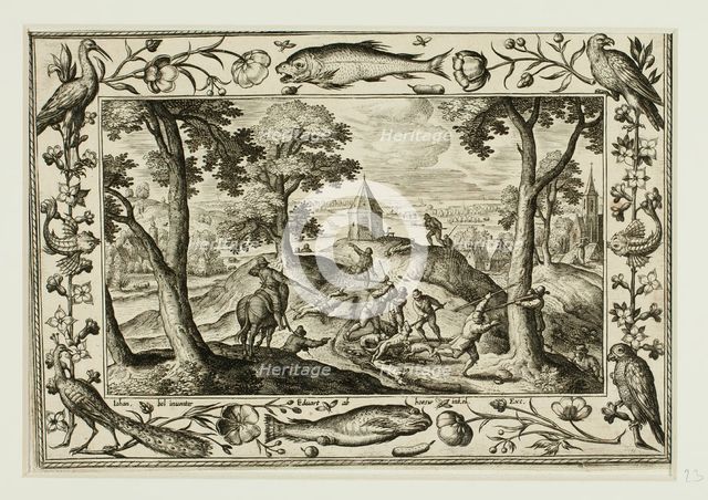 Wolf Hunt, from Landscapes with Old and New Testament Scenes and Hunting Scenes, 1584. Creator: Adriaen Collaert.