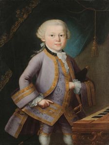 Wolfgang Amadeus Mozart in a gala dress, 1763. Creator: Lorenzoni, Pietro Antonio (1721-1782)
