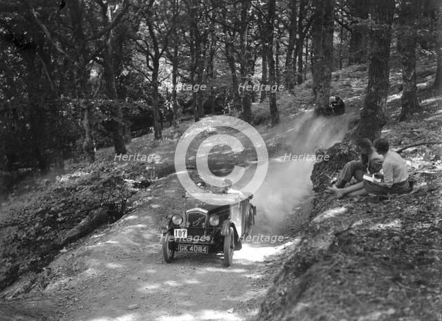 Wolseley Hornet McEvoy Special, B&HMC Brighton-Beer Trial, Fingle Bridge Hill, Devon, 1934. Artist: Bill Brunell.