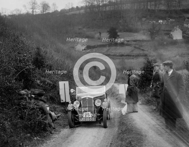 Wolseley Hornet of Miss P Goodban, North West London Motor Club London-Gloucester Trial, 1932. Artist: Bill Brunell.