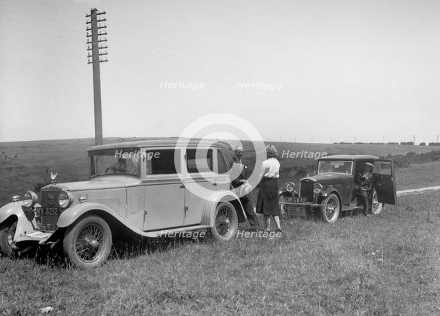 Wolseley Hornet of JW Whalley and Kitty Brunell's Bianchi saloon, B&HMC Brighton Motor Rally, 1930. Artist: Bill Brunell.
