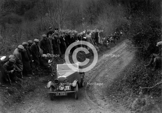 Wolseley Hornet of WR Hancock competing in the MCC Lands End Trial, 1935. Artist: Bill Brunell.