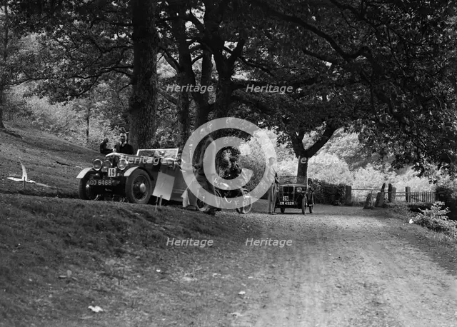 Wolseley Hornet and Morris Minor taking part in a motoring trial, c1930s. Artist: Bill Brunell.