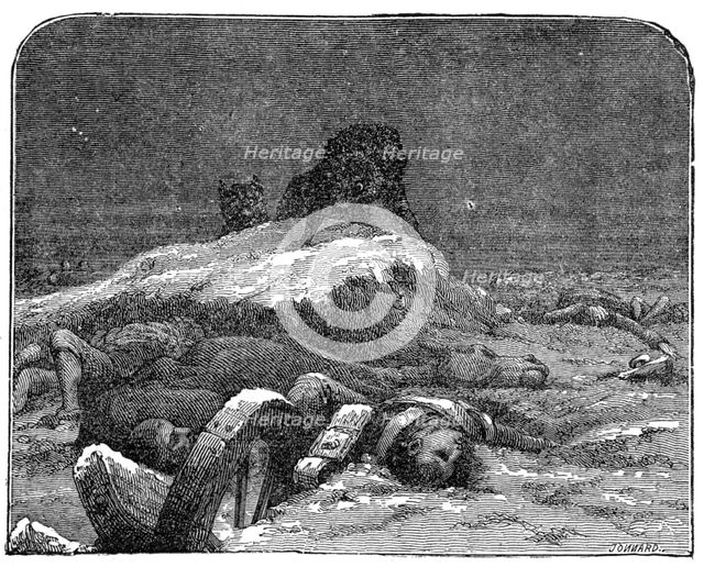 Wolves on the Battle-Field, from Mrs. Howitt's "Songs of Animal Life", 1872. Creator: Jonnard.