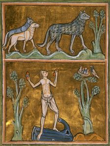 Wolves and semi-naked man, c1230. Creator: Unknown