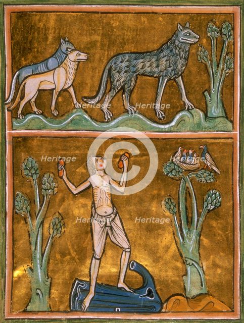 Wolves and semi-naked man, c1230.  Creator: Unknown.