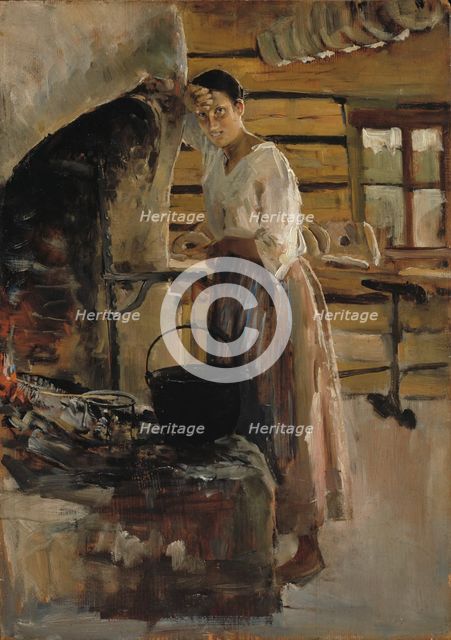 Woman Cooking Whitefish; Woman grilling fish, 1886. Creator: Akseli Gallen-Kallela.