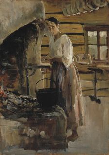 Woman Cooking Whitefish; Woman grilling fish, 1886. Creator: Akseli Gallen-Kallela