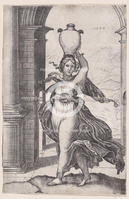 Woman Carring a Vase on Her Head, dated 1528., dated 1528. Creator: Agostino Veneziano.