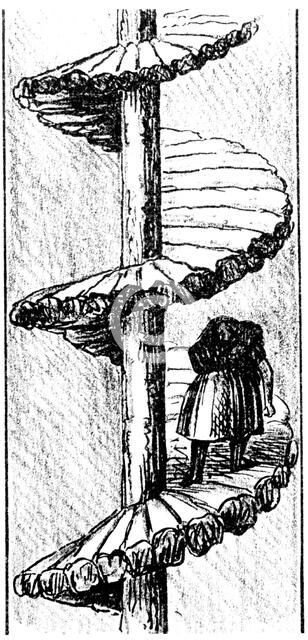 Woman carrying a load of coal up a 'turnpike' spiral stair, Scottish, 1848. Artist: Unknown