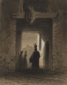 Woman Carrying Jug Through Portal, mid 19th century. Creator: Alfred Jacob Miller