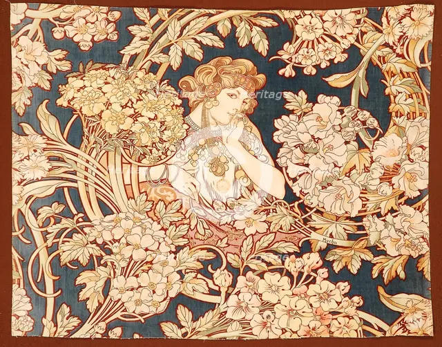 Woman among flowers (printed fabric), 1898-1899. Creator: Mucha, Alfons Marie (1860-1939).