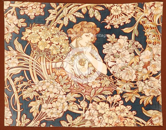Woman among flowers (printed fabric), 1898-1899. Creator: Mucha, Alfons Marie (1860-1939).