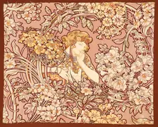 Woman among flowers (printed fabric), 1898-1899. Creator: Mucha, Alfons Marie (1860-1939)