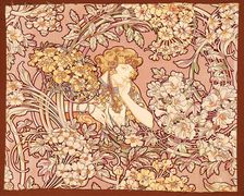 Woman among flowers (printed fabric), 1898-1899. Creator: Mucha, Alfons Marie (1860-1939)