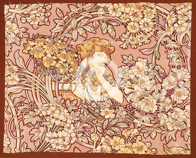 Woman among flowers (printed fabric), 1898-1899. Creator: Mucha, Alfons Marie (1860-1939).