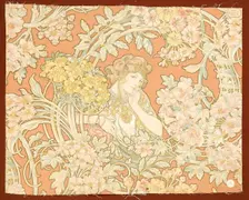 Woman among flowers (printed fabric), 1898-1899. Creator: Mucha, Alfons Marie (1860-1939)