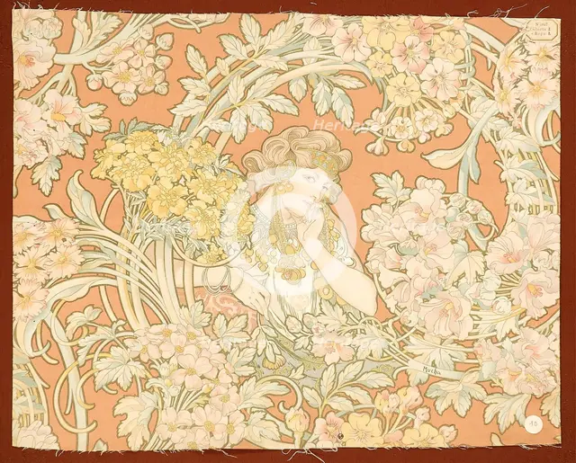Woman among flowers (printed fabric), 1898-1899. Creator: Mucha, Alfons Marie (1860-1939).