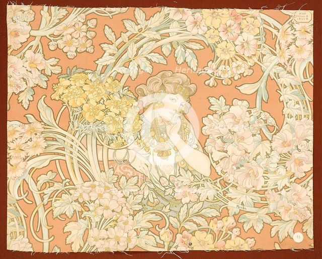 Woman among flowers (printed fabric), 1898-1899. Creator: Mucha, Alfons Marie (1860-1939).