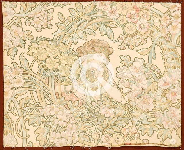 Woman among flowers (printed fabric), 1898-1899. Creator: Mucha, Alfons Marie (1860-1939).