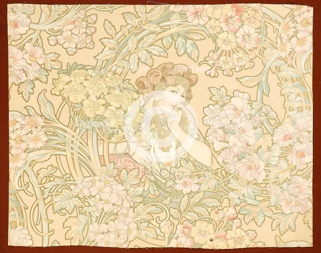 Woman among flowers (printed fabric), 1898-1899. Creator: Mucha, Alfons Marie (1860-1939).