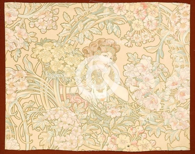 Woman among flowers (printed fabric), 1898-1899. Creator: Mucha, Alfons Marie (1860-1939).