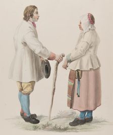 Woman and man with cane, 1800-1822. Costume of Sweden Pl. 19 & 20, 1800-1822. Creator: Carl Wilhelm Swedman