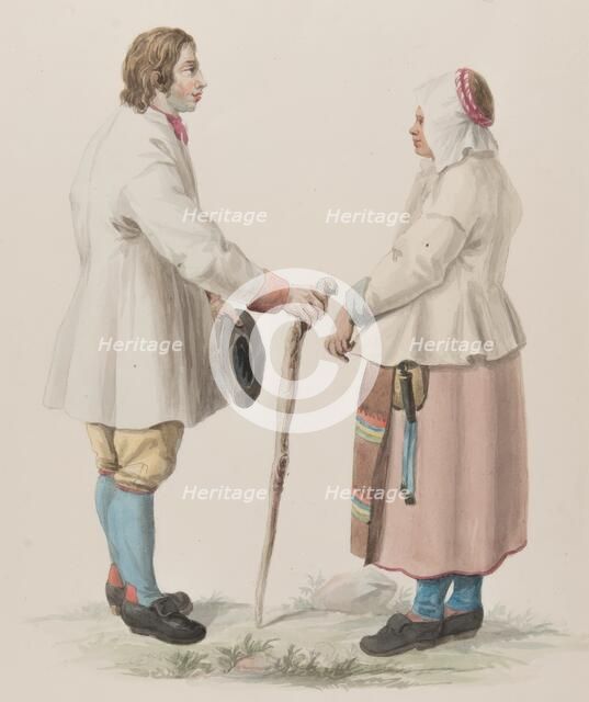 Woman and man with cane, 1800-1822. Costume of Sweden Pl. 19 & 20, 1800-1822. Creator: Carl Wilhelm Swedman.