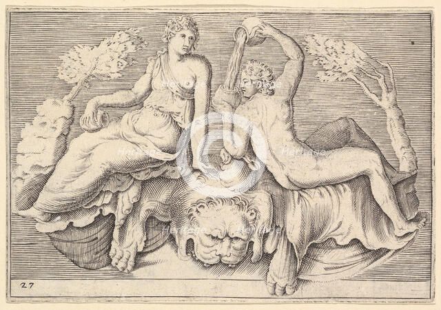Woman and Man Seated on Lionskin, Man Pouring Wine, published ca. 1599-1622. Creator: Unknown.