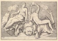 Woman and Man Seated on Lionskin, Man Pouring Wine, published ca. 1599-1622. Creator: Unknown