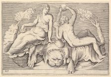 Woman and Man Seated on Lionskin, Man Pouring Wine, published ca. 1599-1622. Creator: Unknown