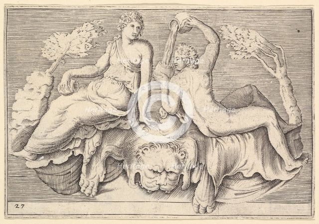 Woman and Man Seated on Lionskin, Man Pouring Wine, published ca. 1599-1622. Creator: Unknown.