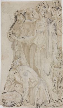 Woman and Nude Young Boy Surrounded by Figures, n.d. Creator: Unknown