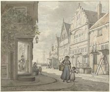 Woman and a child walk on the street in a fishing village, 1817. Creator: Johannes Jelgerhuis