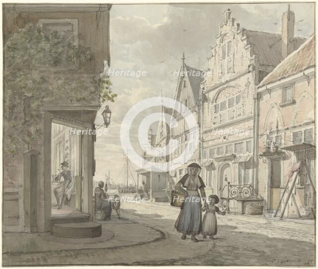 Woman and a child walk on the street in a fishing village, 1817. Creator: Johannes Jelgerhuis.