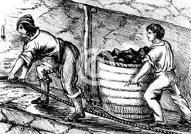 Woman and a boy working in a coal mine, Bolton, Lancashire, 1848. Artist: Unknown
