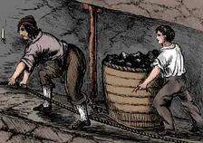 Woman and a boy working in a coal mine, Bolton, Lancashire, 1848
