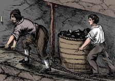 Woman and a boy working in a coal mine, Bolton, Lancashire, 1848