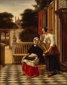 Woman and a maid with a pail of fish in a courtyard, 1660. Creator: Pieter de Hooch