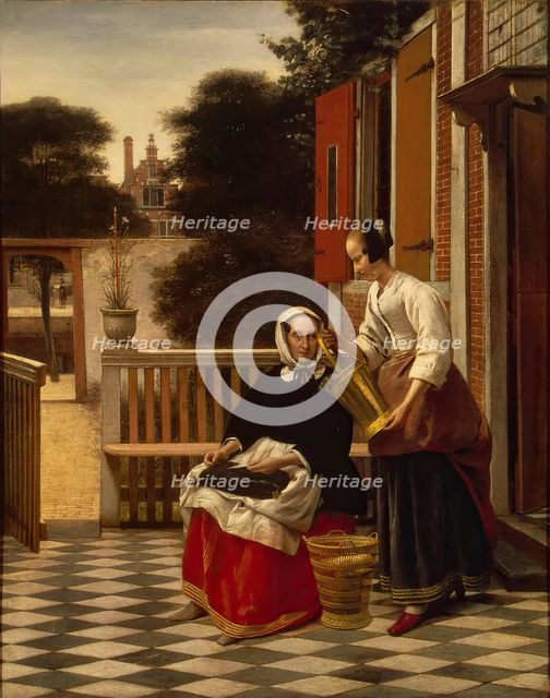 Woman and a maid with a pail of fish in a courtyard, 1660. Creator: Pieter de Hooch.