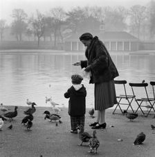 Woman and a young boy feeding the ducks and birds on the edge of the Serpentine, Hyde Park, 1960-70. Creator: John Gay