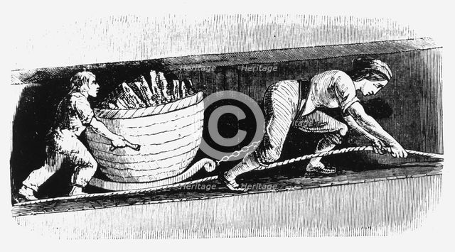 Woman and boy drawing a corve containing 3-4 cwt of coal, Bolton, Lancashire, 1848. Creator: Unknown.