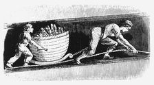 Woman and boy drawing a corve containing 3-4 cwt of coal, Bolton, Lancashire, 1848