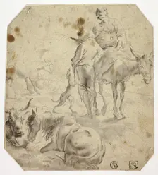 Woman and Child on Donkey, Man, Dogs, Horses, n.d. Creator: Unknown