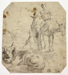 Woman and Child on Donkey, Man, Dogs, Horses, n.d. Creator: Unknown