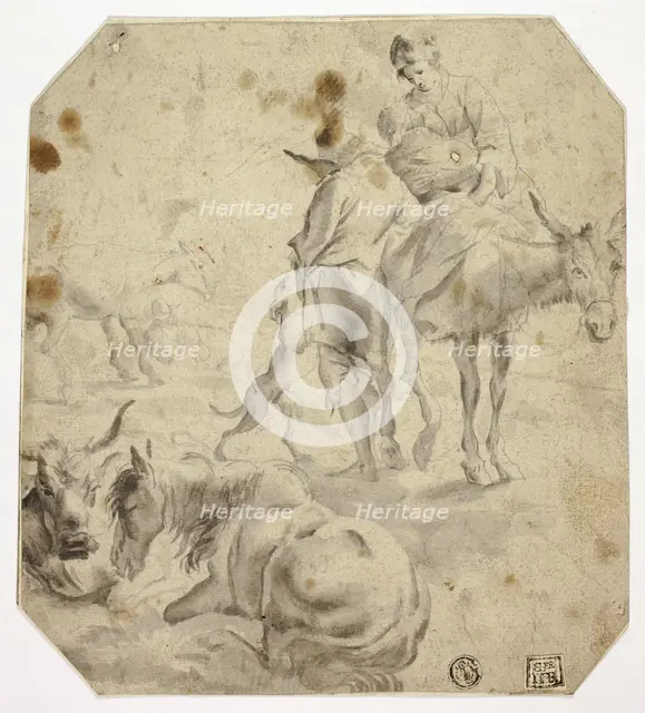 Woman and Child on Donkey, Man, Dogs, Horses, n.d. Creator: Unknown.